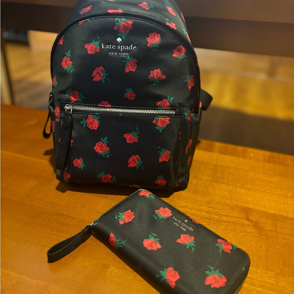 Kate Spade Black Backpack and Wallet Set with Red Floral Print. - Picture 3 of 9